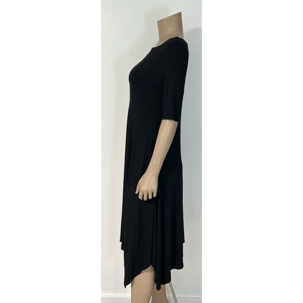 Eileen Fisher Black Dress Midi Jersey Knit Handkerchief Hem Half Sleeves Small - Picture 3 of 6